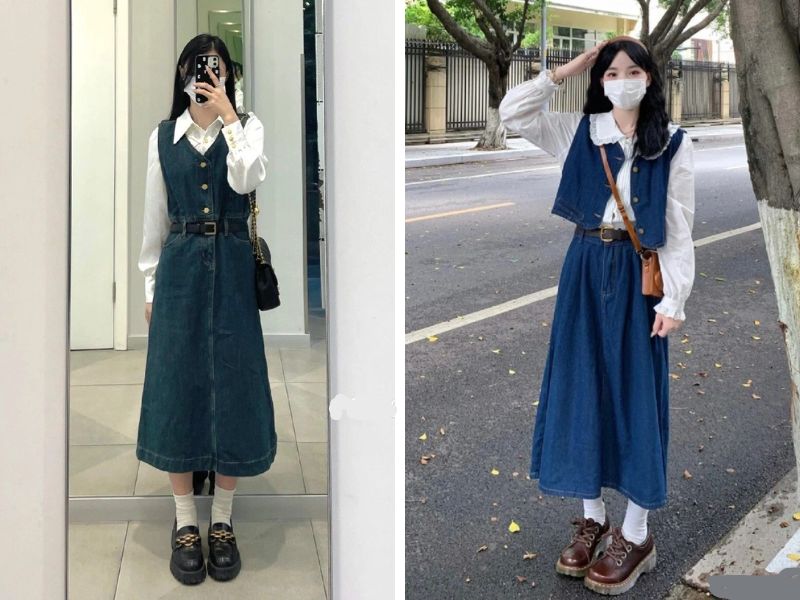 váy denim dài và boot cổ thấp