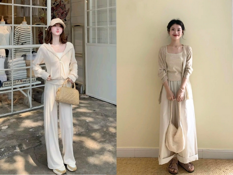 Áo kem phối quần trắng ngà