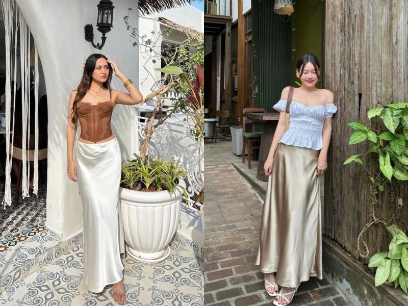 Áo croptop và chân váy lụa satin