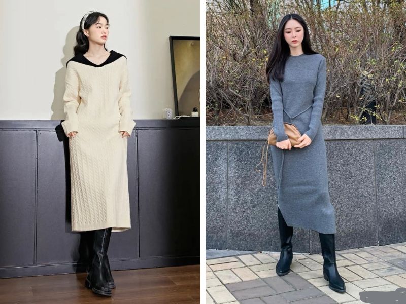váy len dài và boot cao cổ