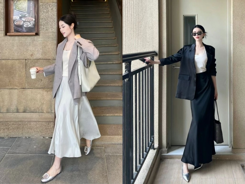 Chân váy lụa với áo blazer