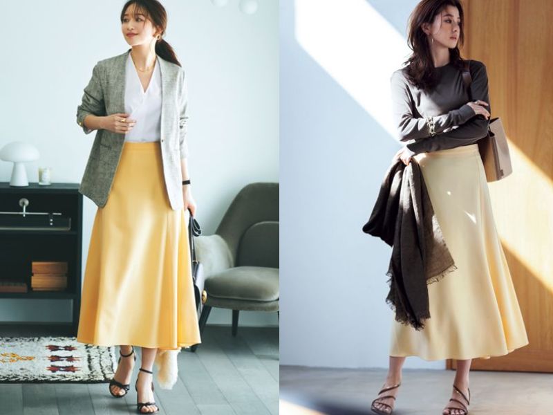 đồ công sở với chân váy vàng
