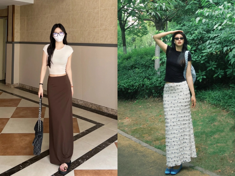 Phối đồ chân váy chữ A dài với áo ôm
