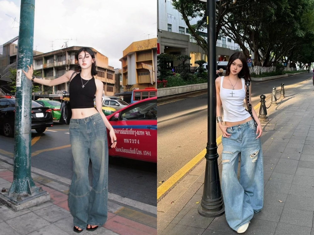Quần jean ống suông nữ phối áo tanktop
