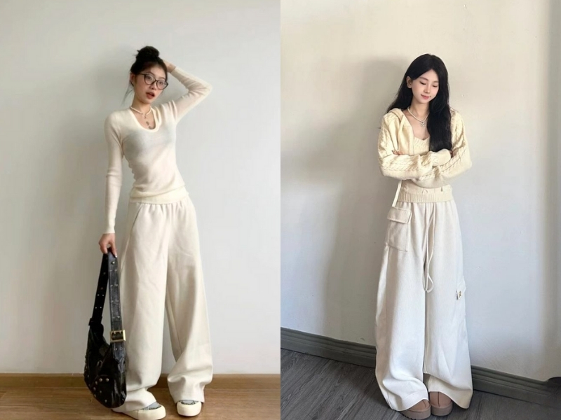 Áo kem phối quần trắng ngà