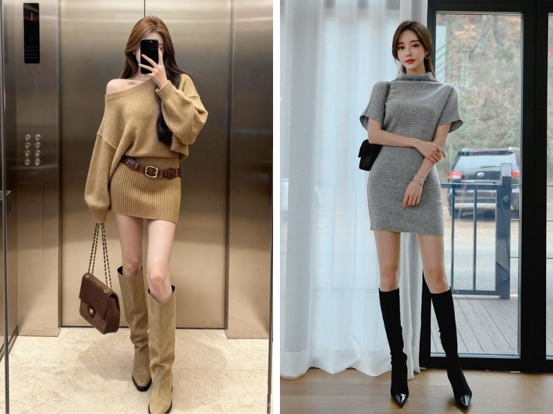 đầm len với boot cổ cao dưới gối