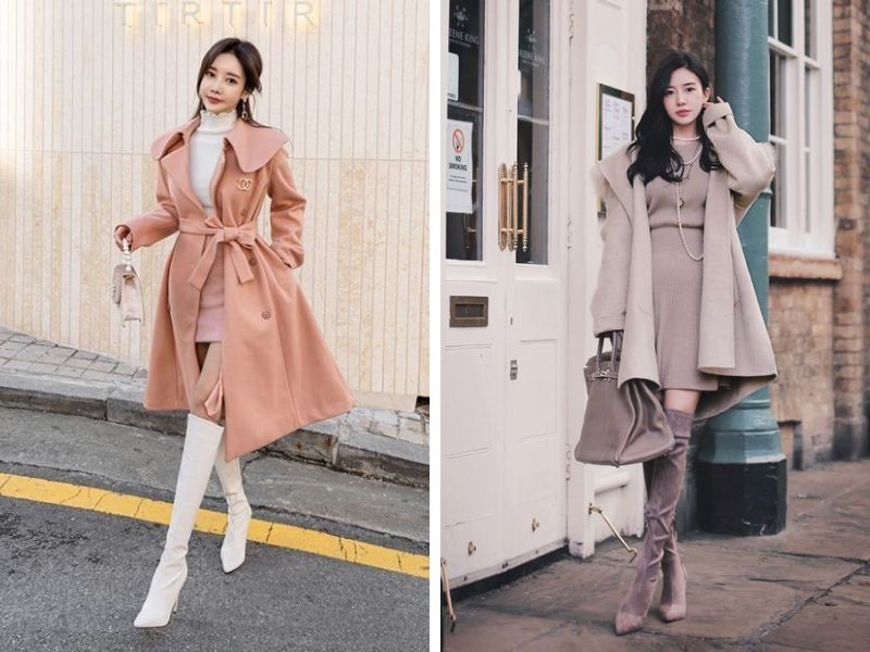 áo trench coat với váy liền và boot cao qua gối