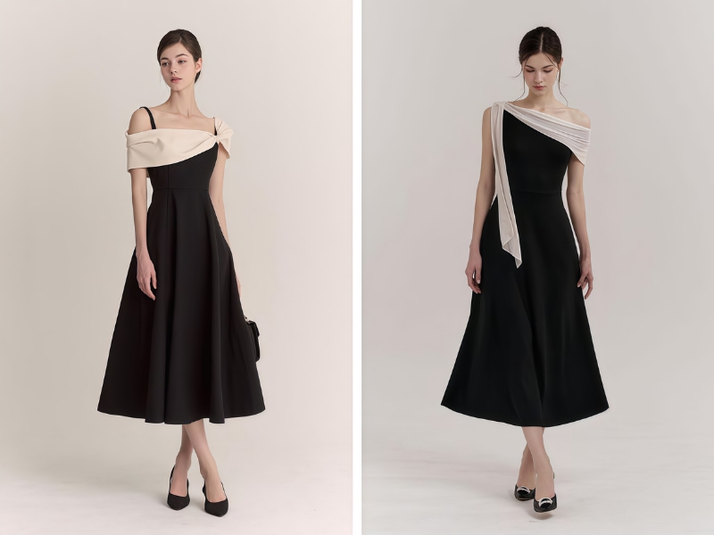 Đầm lệch vai màu đen 