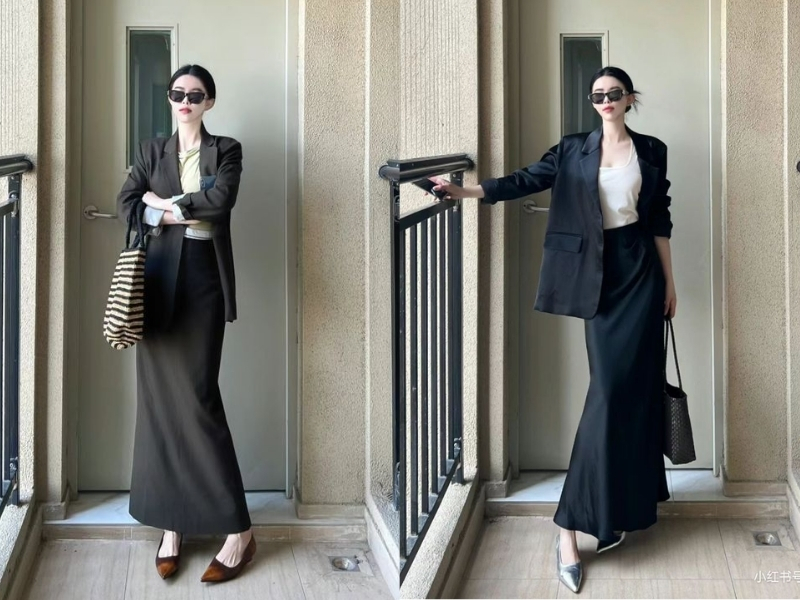 Phối chân váy đuôi cá dài với áo blazer.