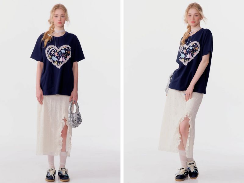 Cách phối chân váy suông dài với áo thun