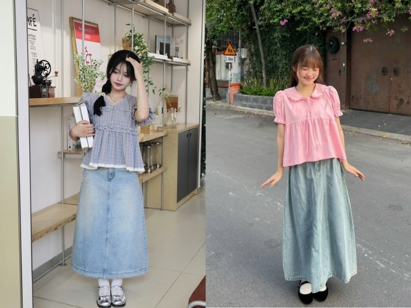 Phối basic váy jean dài với áo thun