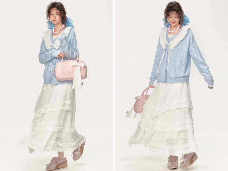 Phối váy dài và áo khoác cardigan