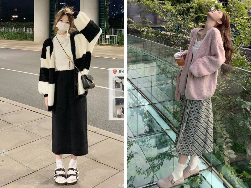 cardigan oversize và chân váy dáng suông