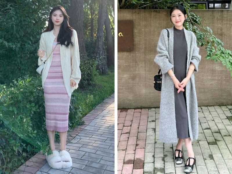 cardigan dáng dài và chân váy dài ôm
