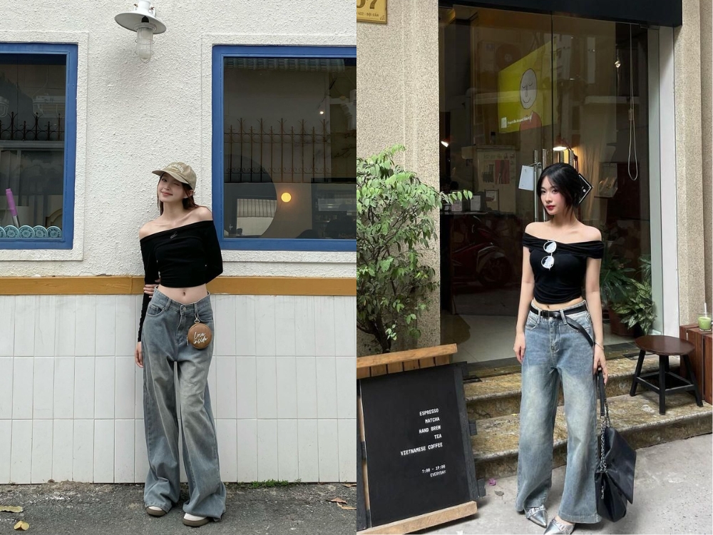 Quần jean ống suông nữ phối áo trễ vai