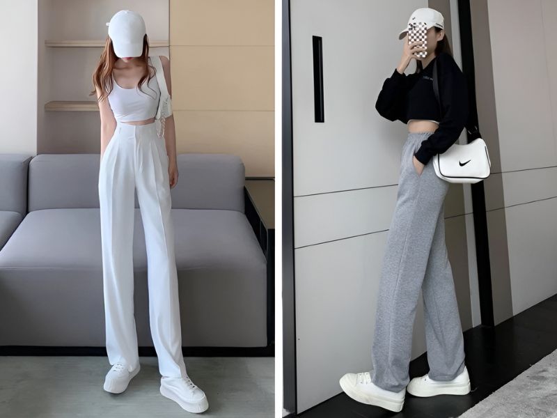Phối đồ quần ống suông, giày sneaker và áo croptop
