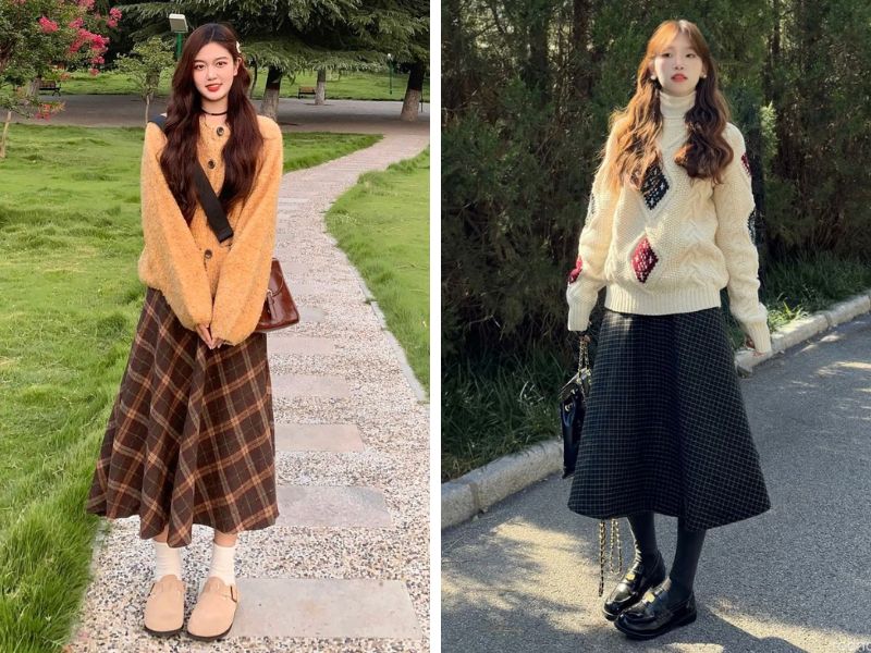 áo len oversize với chân váy chữ a