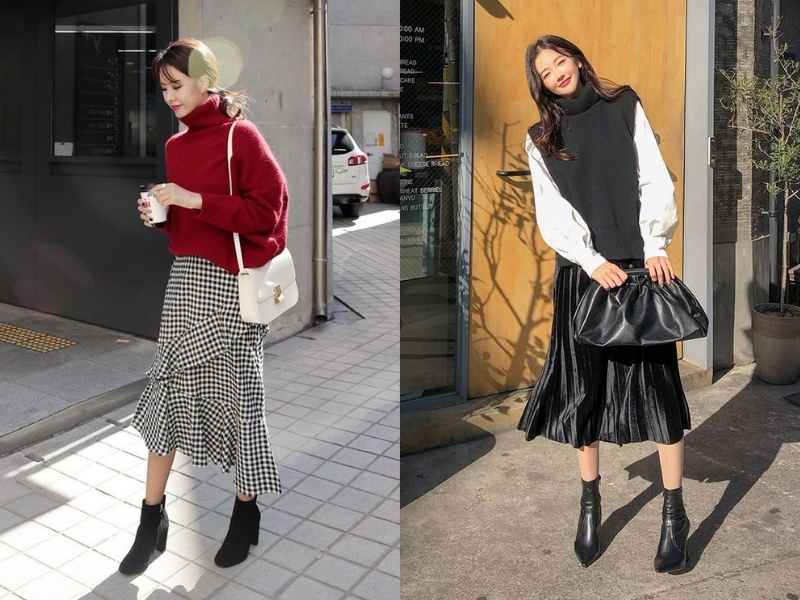 Áo len cổ lọ phối quần suông hoặc chân váy và tất giữ nhiệt