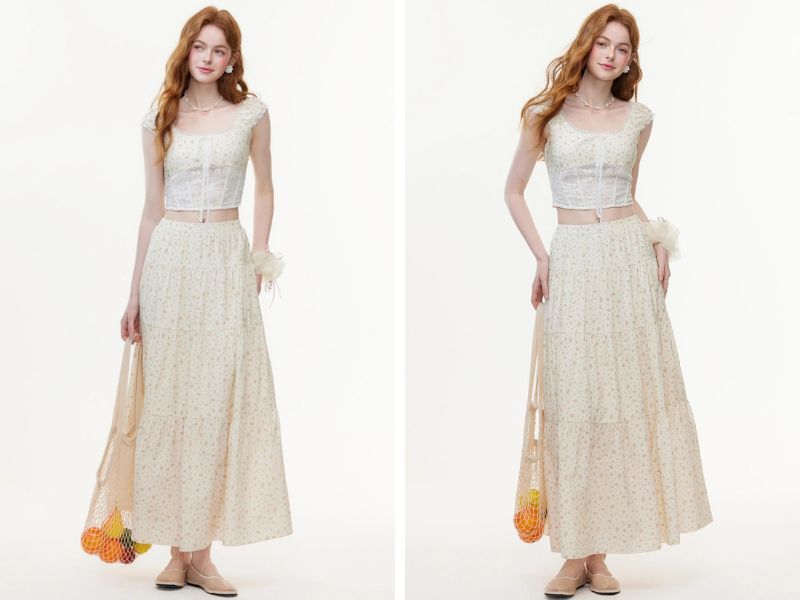 Cách mix chân váy suông dài với áo cổ vuông