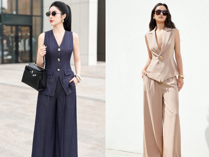 outfit thanh lịch cùng gile dáng dài và quần ống rộng