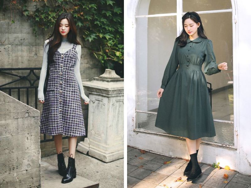 váy dài dáng chữ a với boot cổ trung