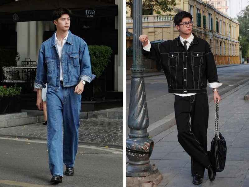 Phối quần jean ống rộng với áo khoác jean