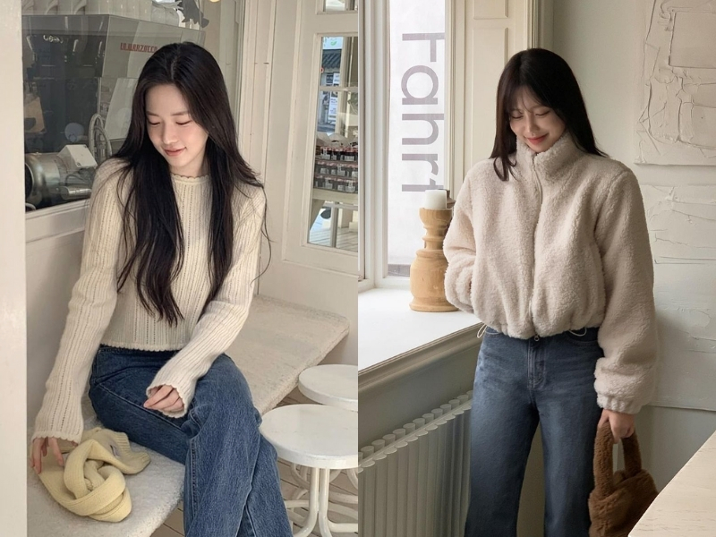 Áo màu kem phối quần jeans xanh đậm