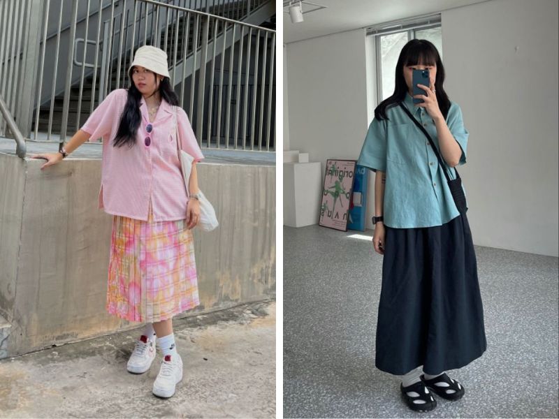 áo sơ mi oversize chân váy midi