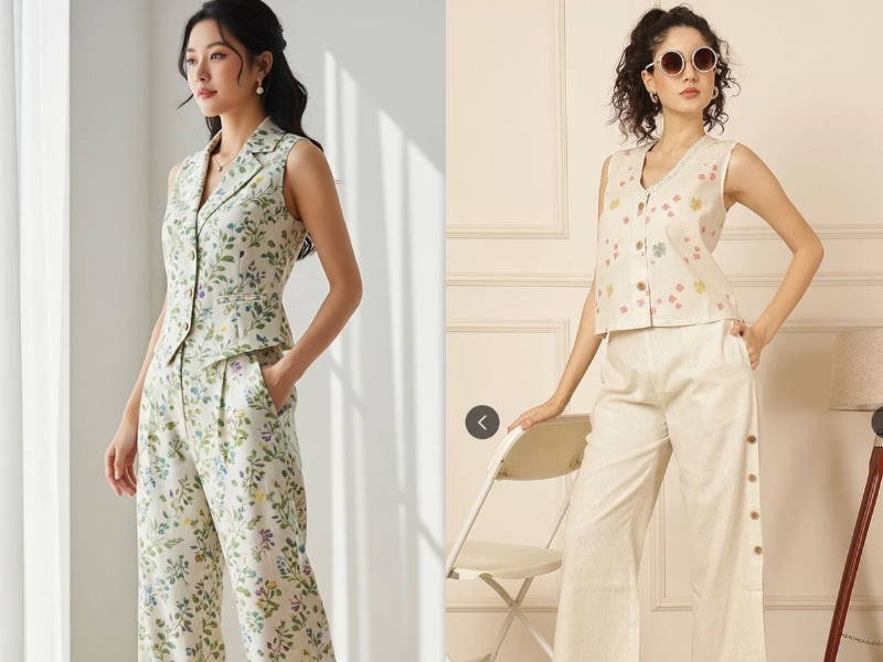 Quần ống rộng với gile họa tiết