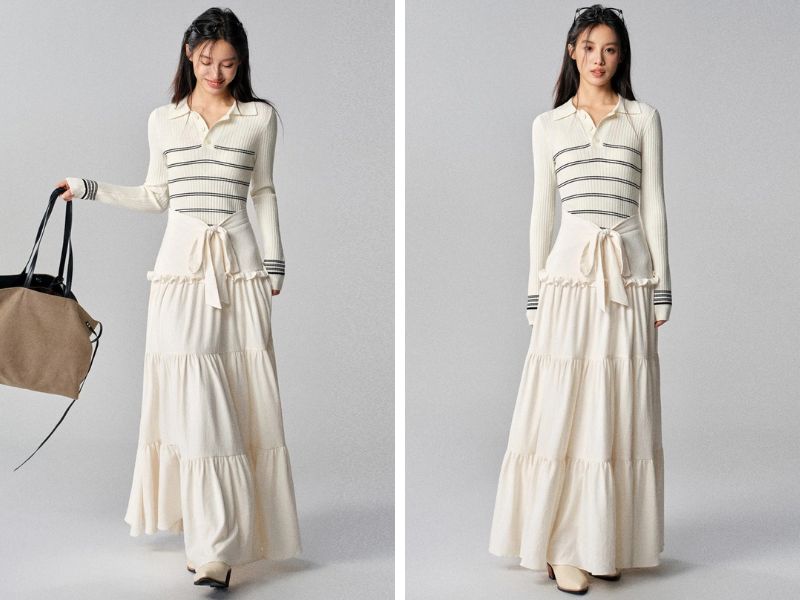 Cách mix chân váy suông dài với áo polo