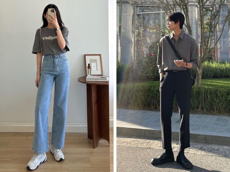 áo thun xám lông chuột với quần jean xanh hoặc áo len xám với quần đen