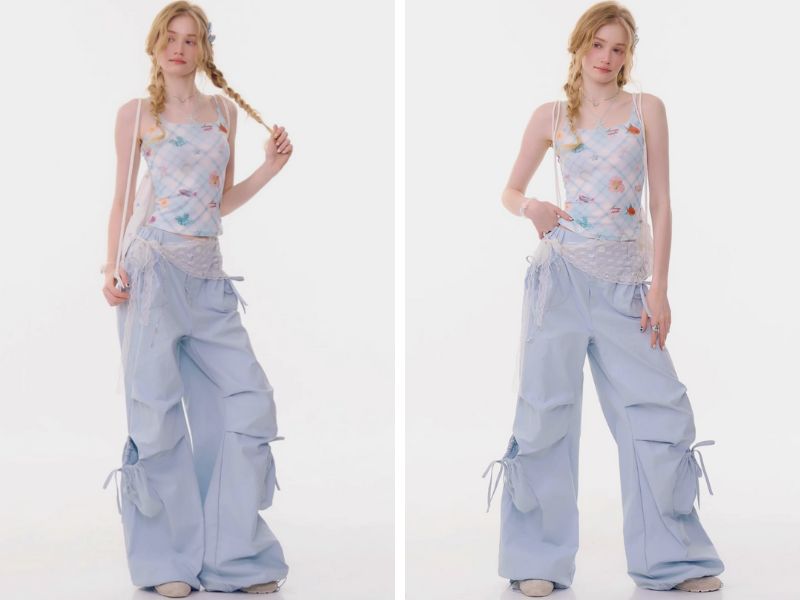 Phối đồ với quần baggy vải và áo hai dây