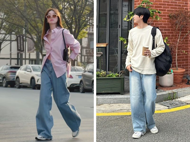 áo pastel hồng và vàng với quần xanh dương nhạt