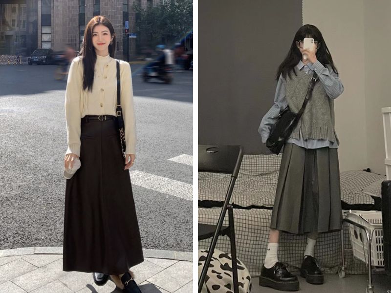 áo len trơn và chân váy chữ a