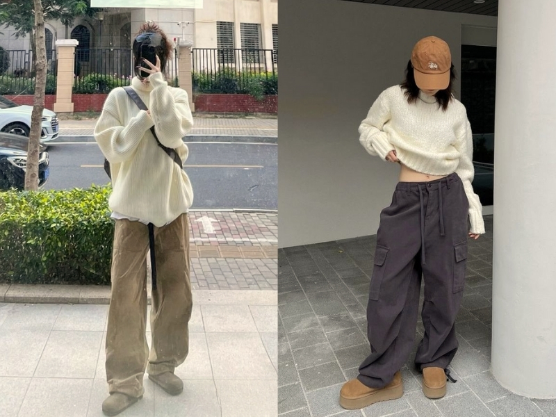 Áo kem phối quần kaki dáng suông