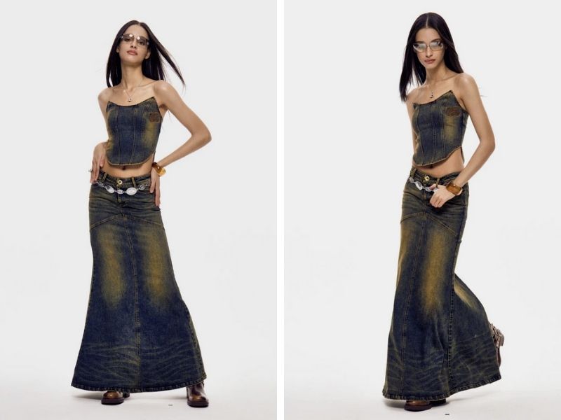 Cách phối chân váy bò dài style jean on jean