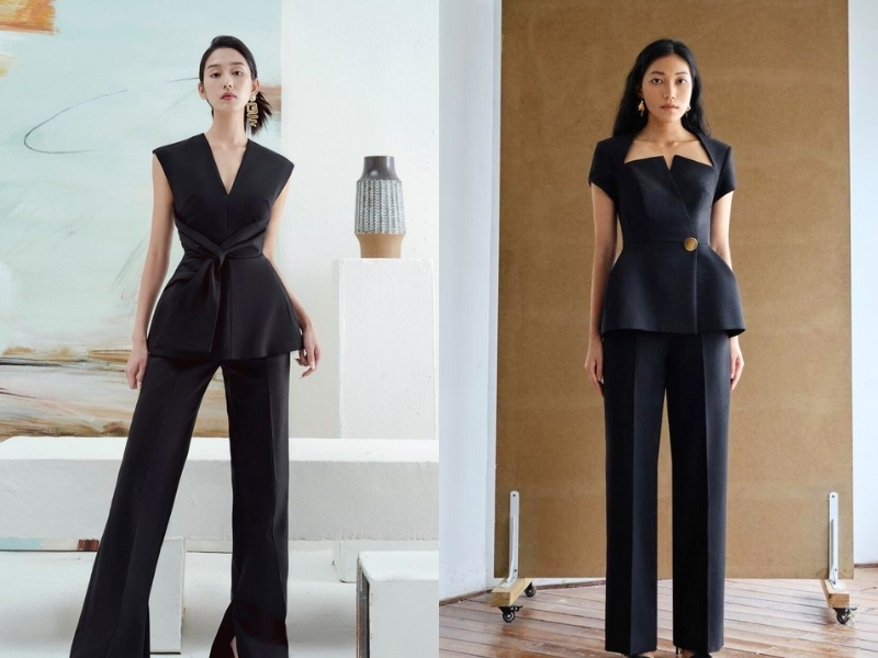 Áo peplum nhẹ chiết eo cao phối với quần tối màu
