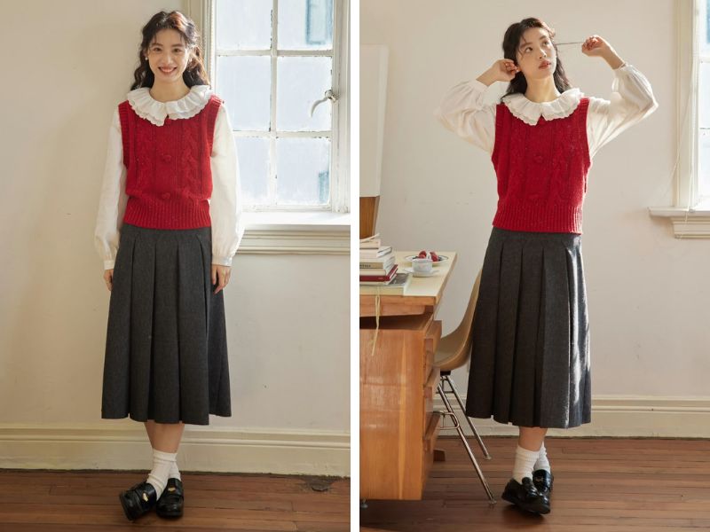 Cách phối áo len gile với chân váy midi