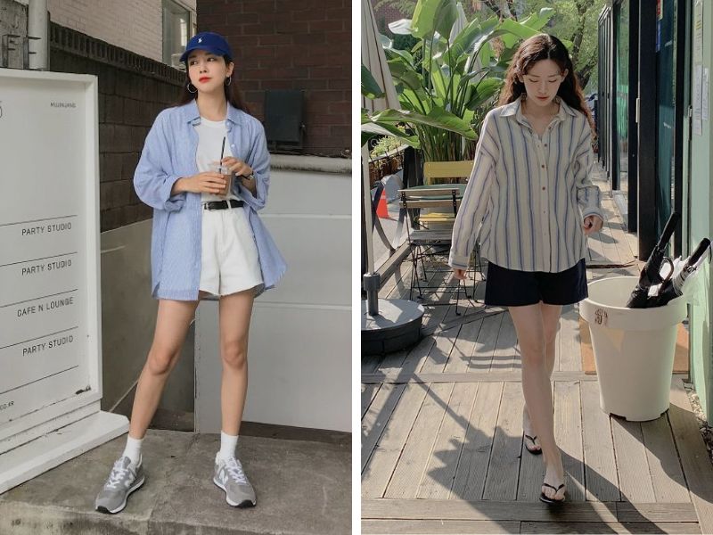 áo sơ mi kẻ sọc oversize quần short nữ