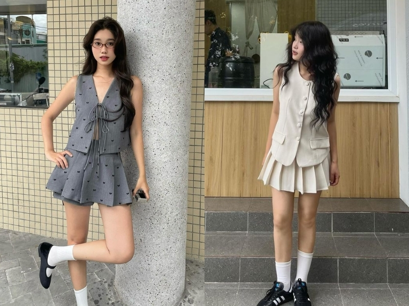 Váy chữ A cạp cao dáng ngắn trên gối để che bụng