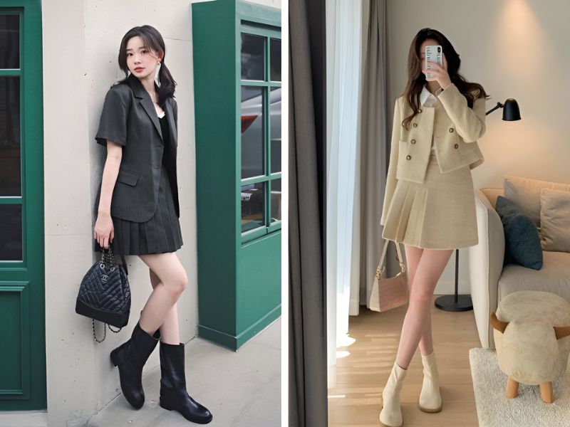 Phối boot cổ lửng và set váy áo blazer