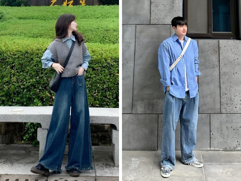 áo xanh da trời quần jean xanh đậm