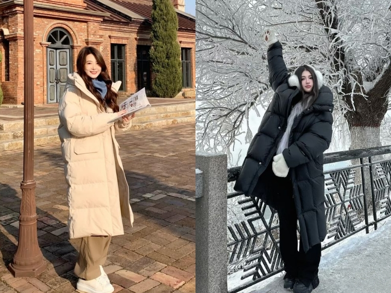 Áo phao dáng dài phối áo len và quần tối màu