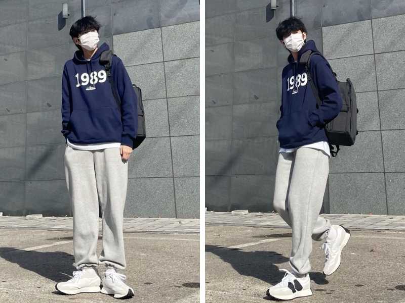Quần jogger xám với hoodie nam xanh than