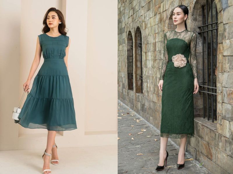 đầm xanh rêu sang trọng
