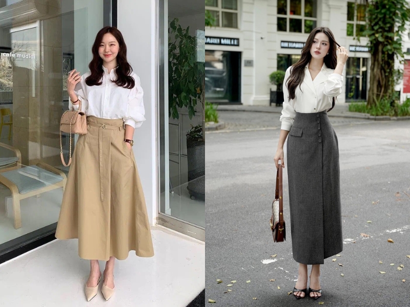 phối đồ thanh lịch áo sơ mi với chân váy