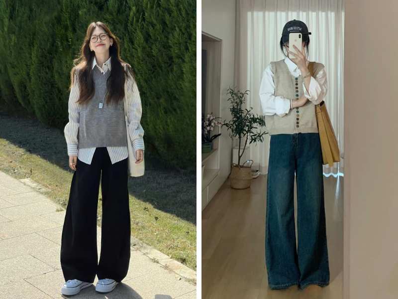 Phối áo sơ mi và gile len ấm áp