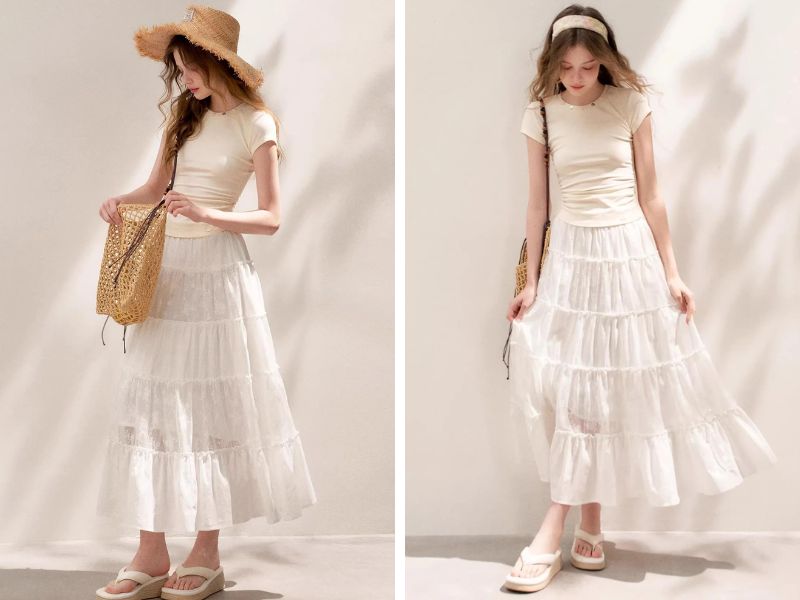 Cách mix chân váy suông dài với áo babytee