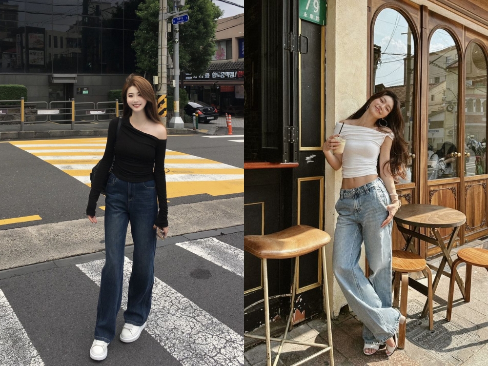 Outfit áo trễ vai kết hợp quần jean ống suông
