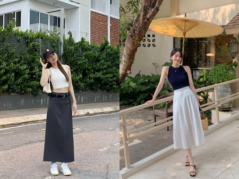 Chân váy chữ A dài phối áo tank top năng động